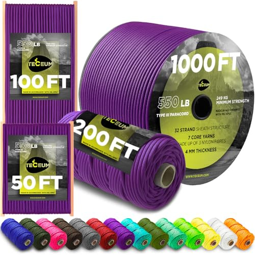 TECEUM Paracord Rope Type III 550 – Tactical MIL-SPEC – Outdoor Para Cord | Purple, 305m, Clothesline, Camping Fishing Gear and Equipment, DIY, Parachute Cord 4mm, Strong Survival Utility Rope