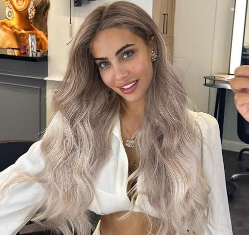 VEBONNY Braune Ombre Aschblonde Perücke, Kunsthaar Lockige Lace Front Perücken für Frauen, Kleberfrei 613 Blonde Perücke 22 Zoll Natürliche Lange Haarperücke VEBONNY-082