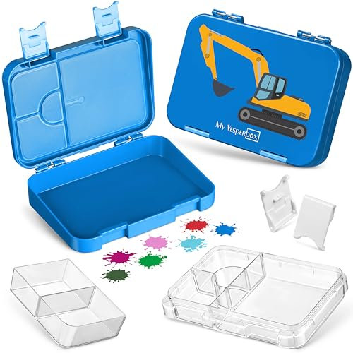 My Vesperbox – Len - Bento Box Kinder - Lunchbox mit 4+2 Fächern - extrem robust – Brotdose – Brotbox ideal für Kindergarten und Schule… (Blau - Bagger)