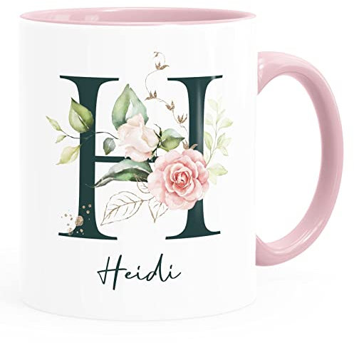 SpecialMe® Kaffee-Tasse mit Buchstabe Initiale Monogramm personalisiert mit Namen Rosen-Motiv persönliche Geschenke rosa Keramik-Tasse