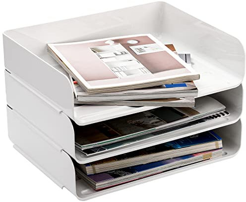 Okllen 3 Pack Stackable Desktop Letter Tray, 3 Tier Paper Document Tray Organizer, White Plastic Desk File Rack for A4 Paper, Magazine, Receipts, Office Supplies, 31.5x24.5x7 CM