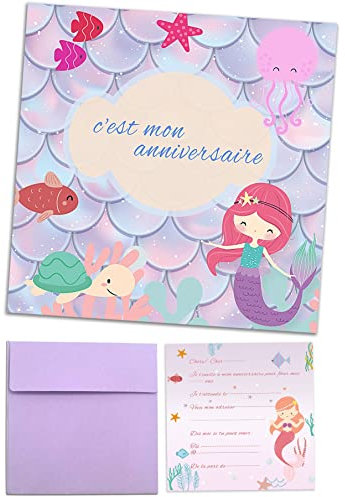 MKISHINE 16 Einladungskarten Geburtstag Mädchen auf Französisch mit dem Thema Meerjungfrau mit Umschlägen für 16 Gäste, ideal für Partyeinladungen, Kindergeburtstag