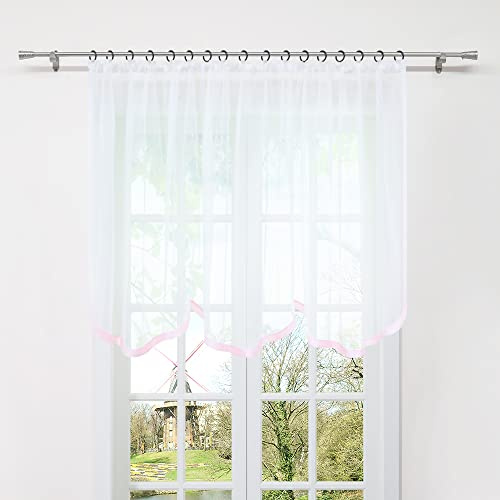 HongYa Gardine Store mit Kräuselband Transparenter Voile Bogenstore Blumenfenster Küche Vorhang mit Satinband H/B 120/300 cm Rosa