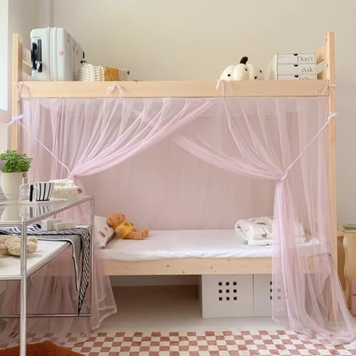 SCMTYWCQ 4 Eckpfosten Studenten Schlafsaal Etagenbett Moskitonetz Betthimmel Netz Studenten Bett Vorhänge für Studenten Schlafsaal Schule Uni (Rosa, Twin XL)