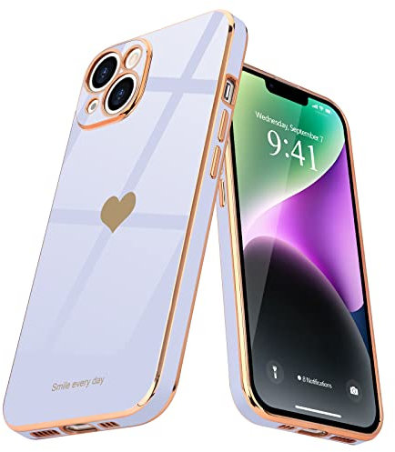 Teageo for iPhone 14 Case Cute Heart Pattern for Women Girls Slim Luxury Bling Plating Soft TPU Anti-Scratch Shockproof Bumper Phone Case for iPhone 14, Lilac