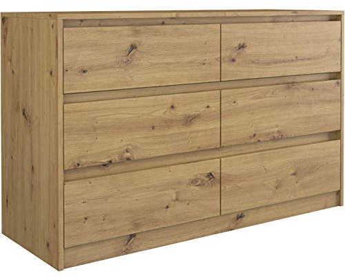 CDF Moderne Kommode Karo K6 K120 | Farbe: Eiche Artisan | Schrank für Dokumente, Kleinigkeiten | Ideal für Wohnzimmer, Schlafzimmer, Kinderzimmer, Jugendzimmer und Büro | 6 geräumige Schubladen