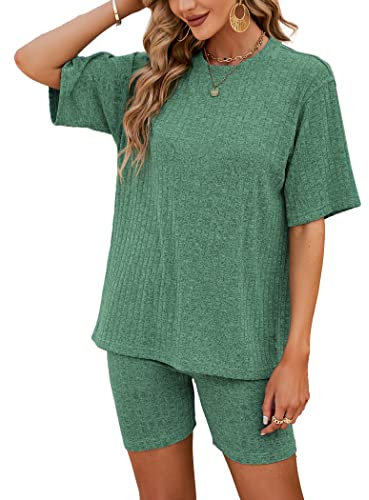 NIUDAU Trainingsanzug Damen Jogginganzug Tracksuit Sport Set 2 Teilig Sportanzug Kurzarm Shirt und Kurze Hosen Set Zweiteiler Freizeitanzug