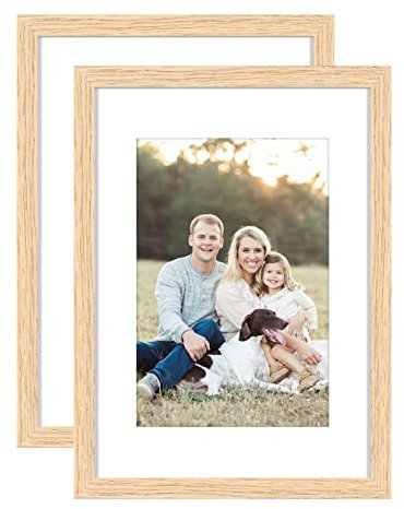 A5 Bilderrahmen aus massivem Eichenholz mit Plexi-glass front, 15x21cm Fotorahmen für 9 x 14 cm Bilder mit Passepartout oder 8 x 6 Zoll ohne Passepartout, freistehend und wandmontierbar, 2er Pack