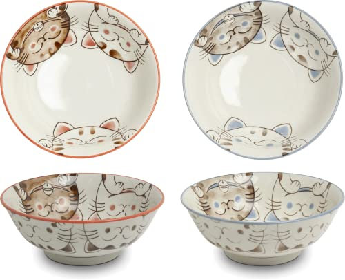 Tokio Japan Design Katzen Schalen Kawaii Cat Tayo Schüssel Black Green Blue & Pink | Nippon Porzellan Ramen Reis Nudel Suppen Dessert Bowl | süße Katzenschälchen (2x Three Cats 19x7cm 800ml BluePink)