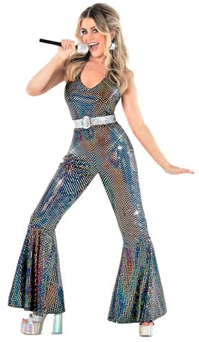Morph Disco 70er Jahre Outfit Damen, Schlagerparty Kostüm, Party Glitzer Jumpsuit, S