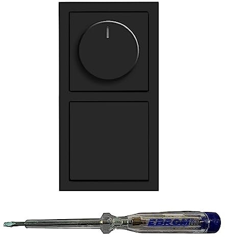 Busch Jäger 6523U-102 LED Drehdimmer Dimmer + Dimmerscheibe 6540-81-102 + Lichtschalter 2000/6 US + 1786-81 in ANTHRAZIT glänzend inklusive EBROM Phasenprüfer zur Montage der Geräte (6523 U – 102)