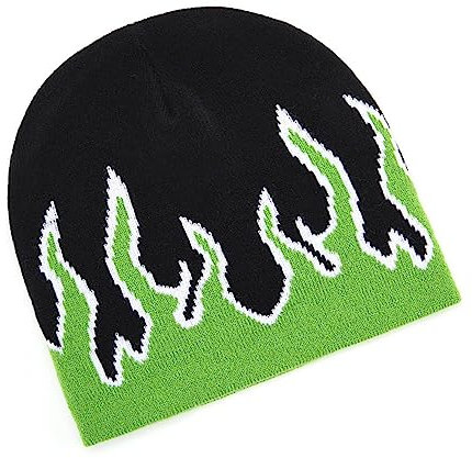 Green Flame Beanie Fire Knit Skimütze Slouchy Rock Punk Skull Cap, Grün, Medium - Large, Grün, Medium-Large