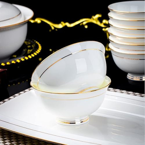 BoaLumi Ceramic Soup Bowls - 10 Ounce Gold Rim Set of 5 Premium Bone China White Bowls - Dishwasher and Microwave Safe - Ideal for Ice Cream, Rice, Side Dishes, Snacks, Dessert
