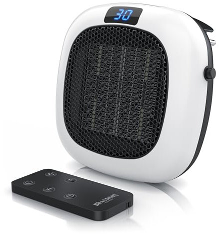 Brandson - Steckdosen Heizlüfter mit Fernbedienung - Ventilatorfunktion, 2 Heizleistungen, verstellbares Thermostat & 1-12 Stunden Timer, Sicherheitsschalter, energiesparend & leise