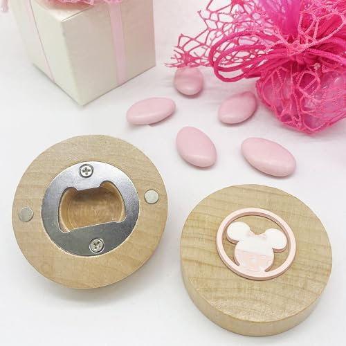 Doni Bomboniere 10 Apribottiglie con calamita in Bamboo con Applicazione Disney Minnie di Colore Rosa e Bianco con Fiocco. Bomboniera per Nascite, Battesimi Bimba