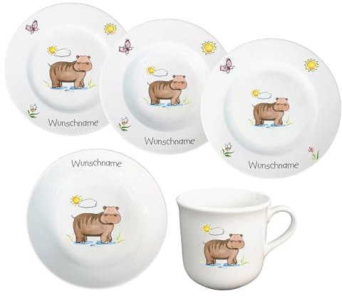 Kindergeschirr Kinderservice 5-tlg. Kinder Service Set aus Porzellan Teller Becher Schale personalisierbar mit Wunschname Name Kindergeschirr mit Namen personalisiert (Nilpferd)