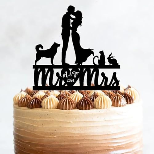 Tortenaufsatz für Braut und Bräutigam, Motiv: Hund, Mr. Mrs. Husky, Hochzeit mit Hasenkatze, 15,2 - 20,8 cm, für lustige, individuelle Acyl-Silhouette
