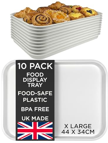 Chabrias Ltd (10 Pack) Extra Large White Plastic Food Display Trays 45×35cm - BPA-Free Food-Grade Butcher & Deli Counter Trays, ABS Plastic for Cafés & Bakeries - Made in UK - 10 Pack, X Large, White