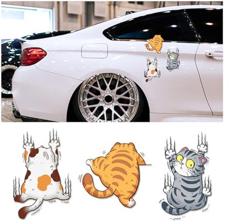 JNNJ 3 Stück Lustige Cartoon Katze Auto Aufkleber, Weiß/Gelb/Grau, PVC, Wasserdicht, Selbstklebend, für Auto, Wand, Laptop, Fenster