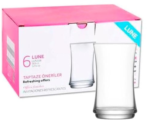 Tradineur - Caja de 6 Vasos Modelo Lune - Capacidad: 365 ml - Fabricado en Vidrio Resistente - Apto para lavavajillas - Tamaño Aprox: Ø 7,5 x 13 cm - 6 Uds Totales