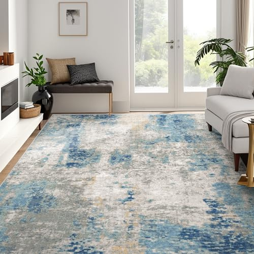 Deerly Modern Abstraktes Teppich für Wohnzimmer, Schlafzimmer, Esszimmer und Balkon - Waschbar, Weich, Rutschfest, Maschinenwaschbar (Blau, 6x9)