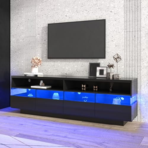 KOMHTOM Schwarzer Hochglanz TV Schrank, Aufbewahrungsschrank Sideboard mit Vier geräumigen Schubladen und Zwei offenen Fächern, Mehrzweckschrank für Wohn- und Schlafzimmer (C)