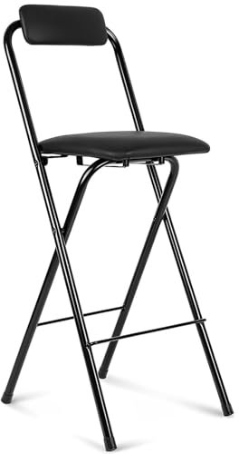 Sgabello Pieghevole Portatile da 65/70/75 cm, Sgabello Alto Pieghevole Imbottito con Schienale, Sedia Pieghevole da Banco Moderna, Portata 100 Kg (Color : Zwart, Size : 65cm/26in)