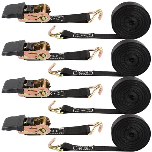 YOUNTHYE Lot de 4 sangles à cliquet très résistantes avec crochets - 25 mm x 6 m - Pour camion, remorque, porte-bagages, moto et autres équipements d'extérieur (noir)