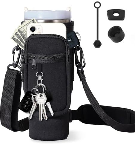 ZAPZEAL Water Bottle Carrier Bag with Phone Pocket Pouch Shoulder Strap and Silicone Spill Proof Stopper Set of 3, Compatible for Stanley 40Oz Tumbler Cup Accessories (Black)