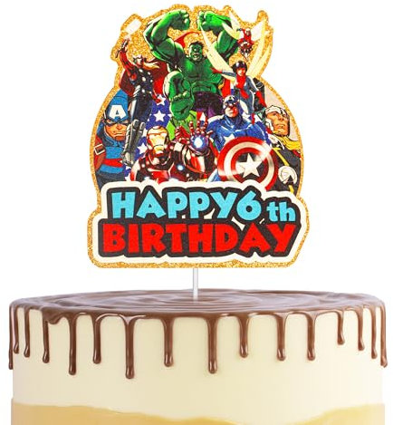 Aven-ger Hero Cake Topper 6th for Boys,Kids Birthday Cake Decorations,Marvel Cartoon Theme Cake Cupcake Topper Spider Hero Happy 6th Birthday Cake Toppers for Kids,Boy,Avenger 6th Party Cake Decor