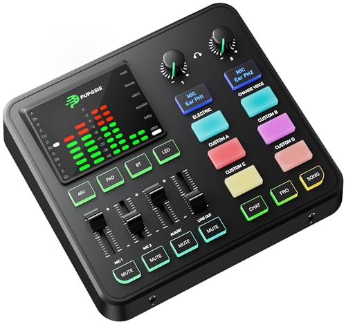 PUPGSIS Gaming Audio Mixer, Audio Interface with Pro-preamp, RGB, Bluetooth, 48V Phantom Power for Live Streaming, Podcasting, Content Create