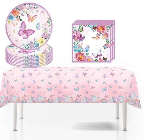 Schmetterling Partygeschirr Set, Schmetterling Deko Geburtstag, Partygeschirr Kindergeburtstag, für Kindergeburtstag Party Dekoration Geburtstagsdeko (lila Schmetterling)