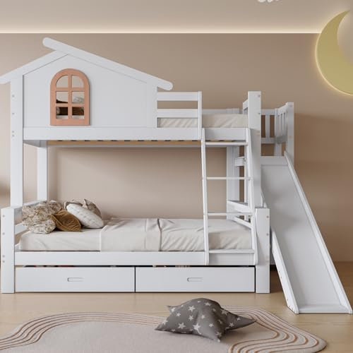 BRILVERDE Etagenbetten 90x200 und 120x200 cm, Kinderbetten mit Sichtfenster und Vier Schrägen Treppen, Hausbetten mit Stauraum und Absturzsicherung, Massivholzbetten mit Rutsche und Lattenrost, Weiß