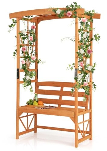 COSTWAY Garden Arch with Bench, Wooden Patio Arbour Trellis Pergola for Climbing Plants Rose Vines, Outdoor Decorative Garden Arbor Archway for Wedding Party (120 x 58 x 189 cm, 300kg Load, Orange)