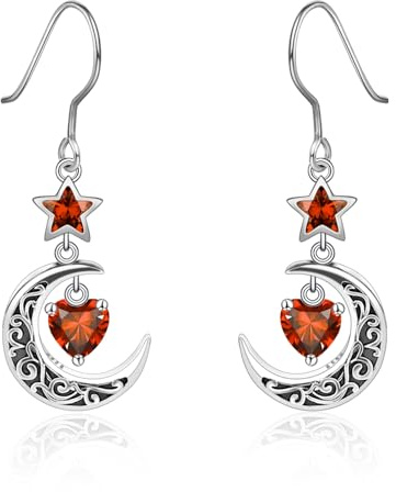 Qings Mond Ohrringe mit Geburtsstein Sterling Silber 925 Keltische Mondsichel und Stern Herz Geburtsstein Cubic Zirkonia Tropfen Ohrringe für Damen Mutter