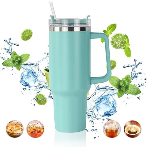 ALOUFEA Travel Mug Coffee Cup 40oz Tumbler Straw Lid and Handle, Stainless Steel Insulated Water Bottle - Leakproof, Insulated Water Bottle with Handle and Straw Cup for Home, Office, Car, Travel