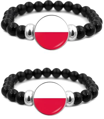 ZENRUIMING 2 schwarze Perlen polnische Flagge Armbänder verstellbar Kristallglas Armband Polen Reise Souvenir, One Size, Harz Glas, Kein Edelstein