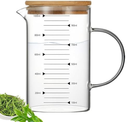 WANDGU Vaso medidor de vidrio con tapa de bambú: 1 litro de medición resistente a la temperatura, vaso medidor transparente, vidrio de borosilicato, pared gruesa, medidas claras para zumo, accesorios