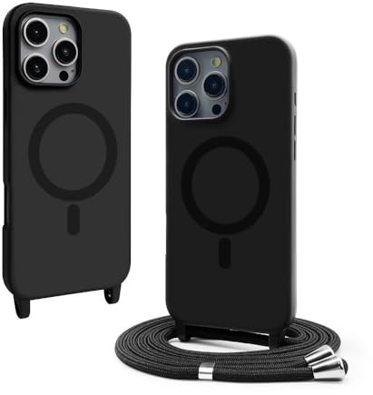 VAVAVOOMY Handykette Hülle für iPhone 15 Pro Max(6.7) mit Band Halsband Lanyard (abnehmbar) Handyhülle, Verstellbarer Lanyard.Magnetisch Stoßfest Silikonhülle Wireless Charging kompatibel .-Schwarz