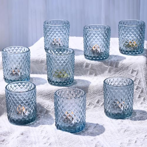 Vohocandle Bleu Photophore Verre Lot de 12, Motif Diamant (5,5 cm x 6,5 cm) | Bougeoir Verre pour la décoration d'automne, Contenant pour Bougie Chauffe-Plat Adaptés pour Thanksgiving, Noël et les Fêtes