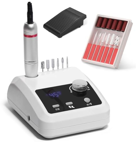 Nagelfräs Kabellös 45.000 varv/min LCD-skärm för manikyr Gelnägel | Trådlös nagelfräs 45 000 varv/min med fotpedal, LCD-skärm och 6 tillbehör för gel, akryl och manikyr