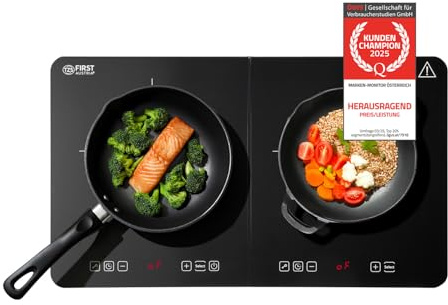 TZS First Austria – Placa de inducción doble 3500W - 2 fuegos vitrocerámicos - 10 niveles de potencia, bloqueo infantil, pantalla LED, control táctil, protección contra sobrecalentamiento - portátil