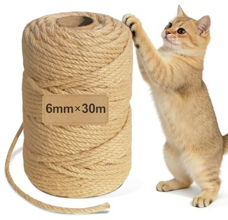 Sisal Rope for Scratching Post, 6mm x 30m Sisal Rope for Cat Scratching Posts, DIY Crafts, Home Decor (30m)