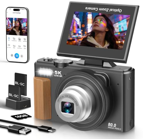 Digitalkamera 5K WiFi 80MP Kamera Fotokamera 12X Optischer Zoom Kompaktkamera 3 180° Flip Autofokus Fotoapparat für Anfänger, 2 Akkus, 16GB Karte, Schwarz