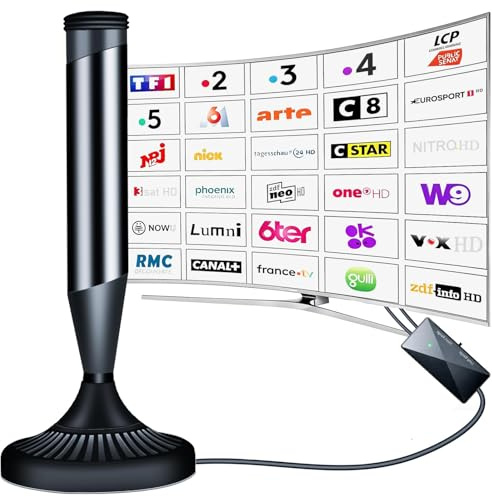 Antenne TV Interieur Puissante, Antenne Interieur TNT Puissante avec Base Magnétique & Amplificateur, Antenne TNT Interieur Compatible 4k 1080p pour Toutes Les ChaîNes Gratuites (Black-410)