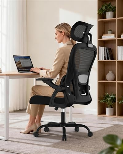 Silla de Oficina Ergonómica, Silla de Escritorio con Soporte Lumbar Regulable y Respaldo de Malla, Altura Regulable Silla Ergonómica con Reposacabezas y Ruedas Silenciosas, Silla para Home - Negra