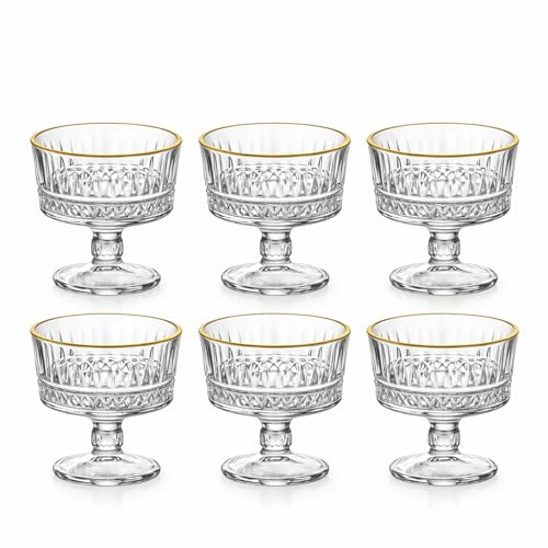 Vessler Eisschalen-Set 6, 12 oder 24 Stück mit Goldrand – 200ml Dessertschalen aus Glas in Kristall-Optik – Vintage Nachtischschalen für Eis, Obst & Snacks – Spülmaschinenfest & Robust (12)