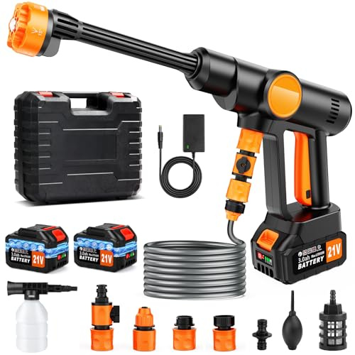 Idropulitrice a Batteria Senza Fili, Idropulitrice Portatile Potente con 2x3000 mAh Batterie, Motore Brushless, 100 Bar, Tubo da 5M, Ugello 6 in 1, Pistola Idropulitrice per Auto Giardino Irrigazione