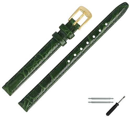 MARBURGER Uhrenarmband 10mm Leder Gruen Gold Kroko (Caiman) Prägung Mit Naht - Montage Set 5291060000220