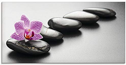 ARTland Wanddeko Glasbilder Wandbild Glas Bild einteilig 60x30 cm Querformat Asien Wellness Zen Steine Spa Blumen Blüten Orchideen Entspannung T5ON